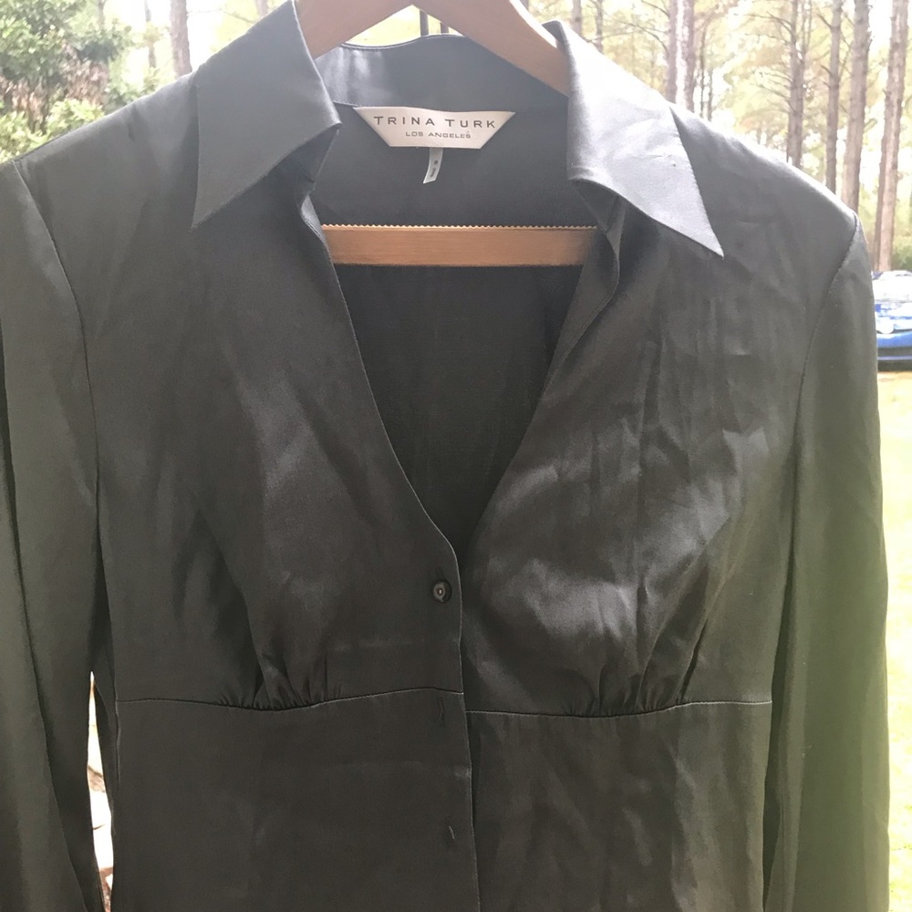 Trina Turk Gray Silk Blouse Small Long Sleeve